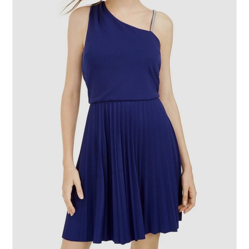 BCX Women's Royal Blue Sleeveless Asymmetrical Fit & Flare Dress Sz L Rhinestone